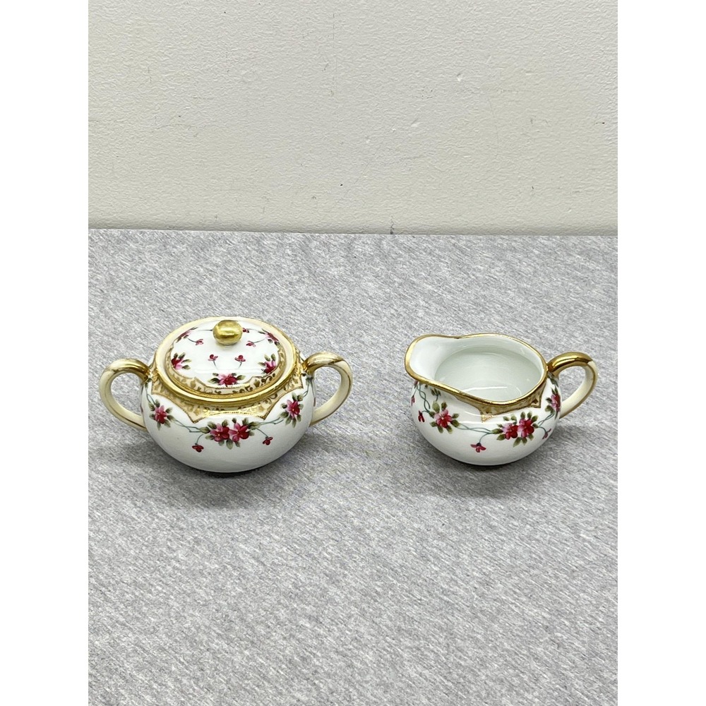 Vintage Nippon Hand Painted Creamer Sugar Set‎ White Floral Gold Trim Japan